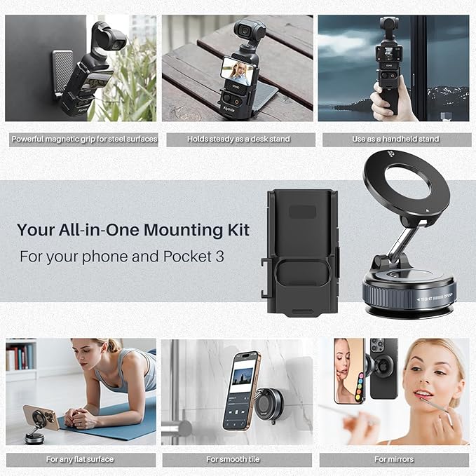 All-in-One Mount Kit for DJI Osmo Pocket 3 and Phone | Car Windshield Suction & Magnetic Base Combo | Hands-Free Modular Accessories for Dashcam Vlogging Fitness Recording