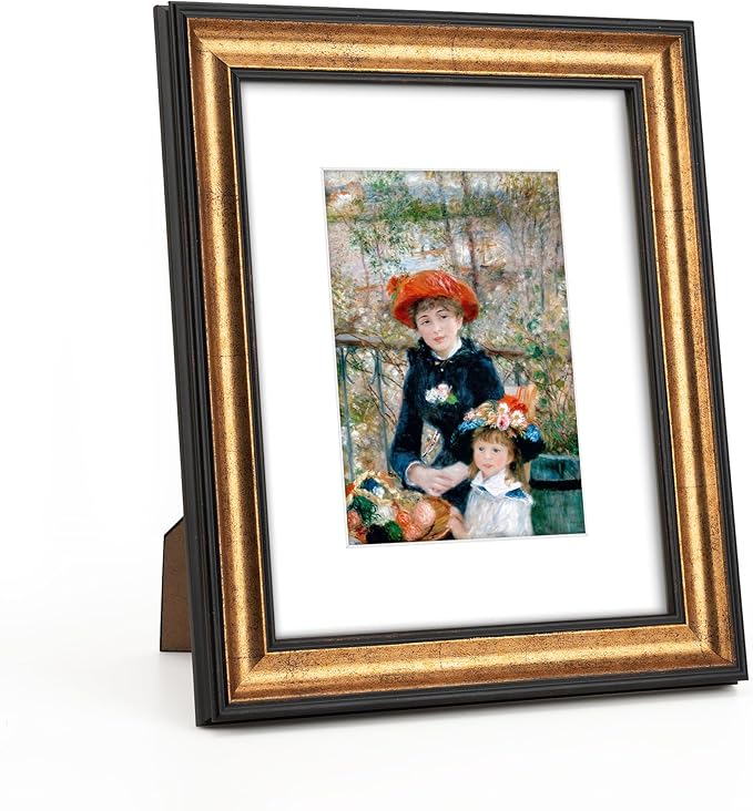 8x10 Real Wood Antique Gold with Dark Brown Trim Picture Frame - Easel Stand, Sawtooth Hanger - Landscape, Portrait Display, Matted for 5x7 Photos, Frinearts