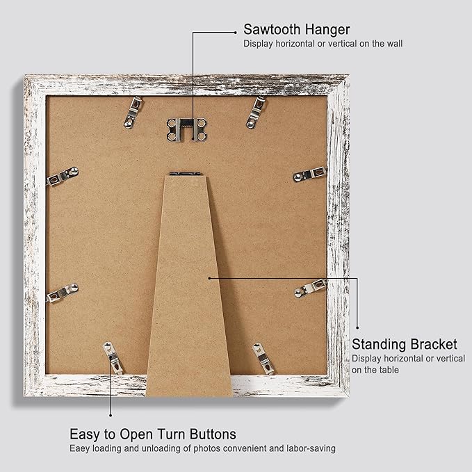 10x10 Picture Frame Set of 4, Made of Glass and Distressed White Wooden Frame - Display Picture 8x8 with Mat or 10 x 10 Without Mat, 10 by 10 Photo for Wall or Tabletop
