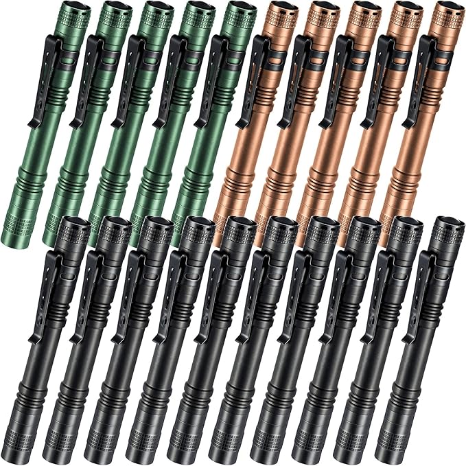 Hortsun 20 Pcs Mini Pen Light Flashlights Christmas Gifts for Men Pocket Flashlights Pen with Clip Small LED Handheld Slim Torches Without Battery(5.12 Inch,Black, Brown, Green)
