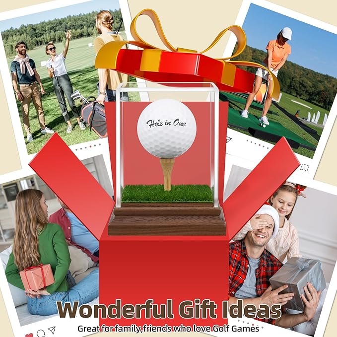 Golf Ball Display Case Hole in One Golf Ball Display Case Holder Wanult Wood Base Acrylic Golf Ball Holder Stand Lifelike Turf Wood Tee Memorabilia Showcase Square Cube Box Stand Golf Gifts Decor