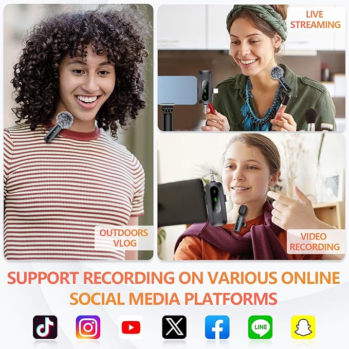 3 in 1 Wireless Lavalier Microphone for iPhone, iPad, Android, Camera, 2 Pack Professional Mini Microphone LED Display Clip on Mic with Noise Reduction for Video Recording TikTok YouTube Vlog
