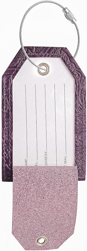 Genuine Leather Set of 2 Luggage Tag with Full Back Privacy Name ID Card Stainless Steel Loop Suitcase Labels Identifiers Baggage Tags Luggage for Women Men Travel (Purple Flower)