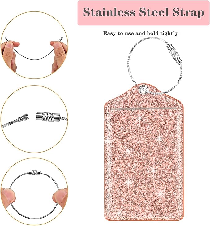 (Set of 2) Luggage Tag Leather Privacy Cover ID Label Address Card with Stainless Steel Loop, Travel Bag Tags Suitcase Labels, Glitter Rose Gold