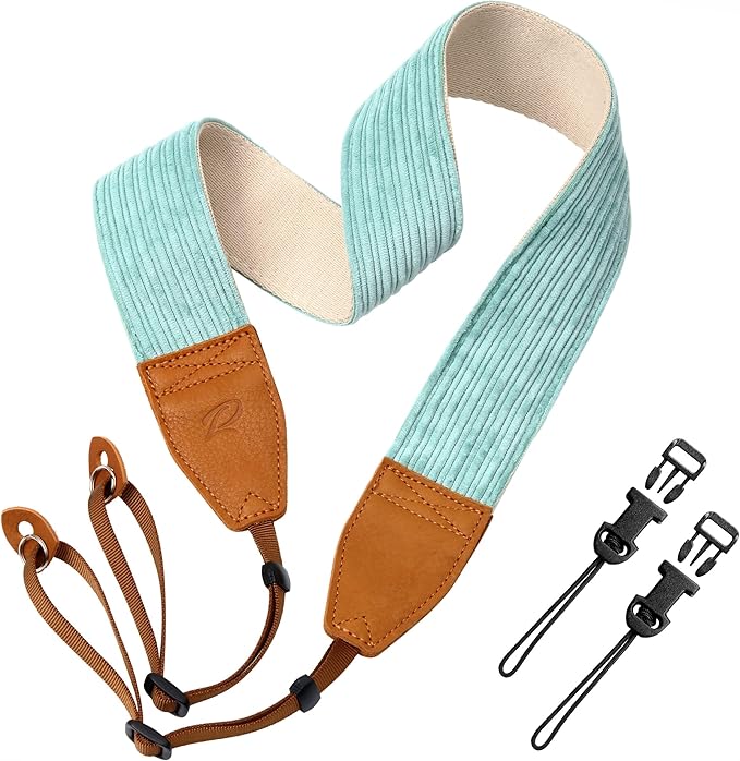 Padwa Lifestyle Fresh Mint Green Corduroy Camera Strap - 2" Double Layer Full Grain Cowhide Leather Head Camera Straps for Photographers,Unique Soft Corduroy Fabric with Quick Release fits all Cameras