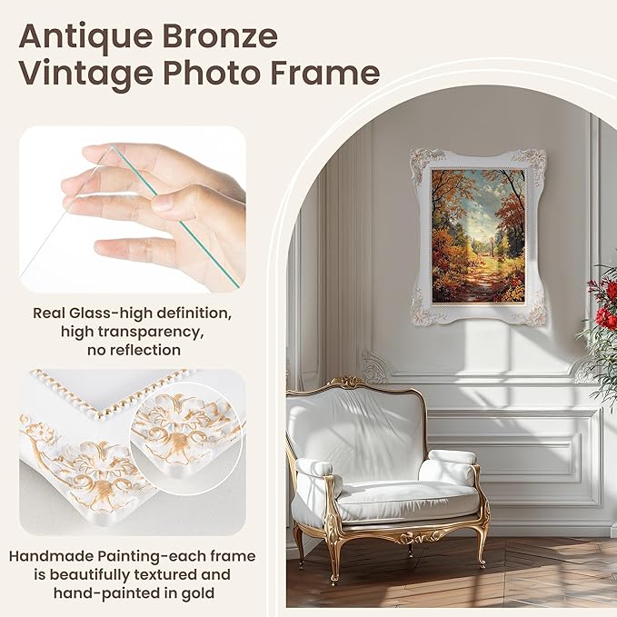 Axeman Vintage Picture Frames 4x6 | Antique 4x6 Picture Frame with Real Glass | Ornate Picture Frames 4 x 6 for Wall & Tabletop Display | Retro 4 x 6 Photo Frame White Gold - White