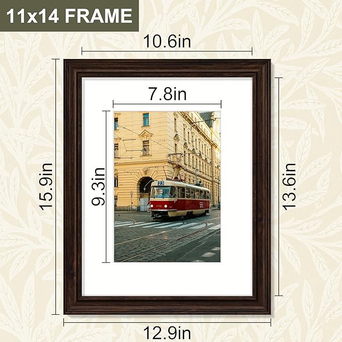 Vittanly 11x14 Picture Frame Set of 4, Vintage Photo Frame for Wall or Tabletop, Display 8x10 Pictures with Mat or 11x14 without Mat, Rustic Farmhouse Home Decor, Dark Brown