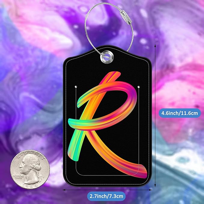 Luggage Tags for Suitcase,2 Pack Neon Colorful Letters Luggage Tags,Leather Baggage Tags Identifiers with Privacy Name Address Labels and Metal Loop for Women Men Girls Travel,Letter R