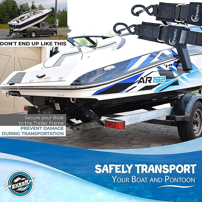 WavesRx Premium Boat & Jet Ski Trailer Transom Straps - Marine Tie Downs - Adjustable via Quick Release Buckle - Must Have Boating Accessories for Safe and Secure Transportation of Your Watercraft