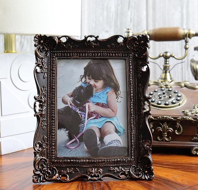 Hymmah 5 * 7inch Wallet Picture Frame Vintage Photo Frame Ornate Textured Hand-Crafted Resin Frame with Easel&Hook for Tabletop&Wall Display,Photo Gallery,Art