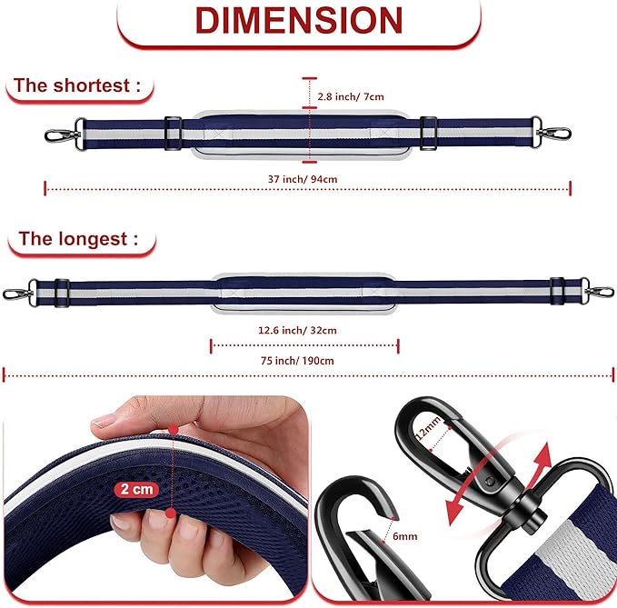 ZINZ 75" Shoulder Strap with Fixed Pad and Dual Balanced Buckles，Blue-White-Blue Stripe