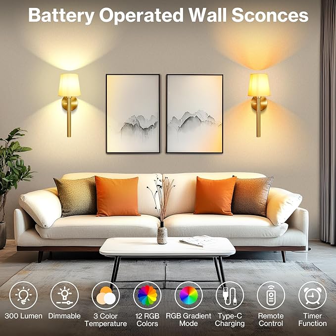 Battery Operated Wall Sconce Set of 2, 5200mAh RGB Wireless Wall Lights with Detachable Charging Stick & Dimmable Bulbs, 12 Colors Rechargeable Wall Lamps for Bedroom Living Room Hallway Decor, Gold