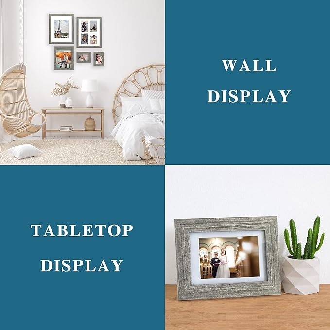 8x10 Picture Frame Set of 4, Made of Real Glass and Grey Wooden Frame, 8 by 10 Photo for Wall or Tabletop - Display Picture 5x7 with Mat or 8x10 Without Mat