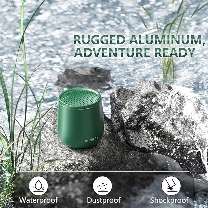 INSMY Small Bluetooth Speaker, Waterproof Mini Portable Wireless Speaker, Punchy Bass Rich Audio Stereo Pairing, Handheld Pocket Size for Hiking Biking Gift Laptop Tablet (Green)