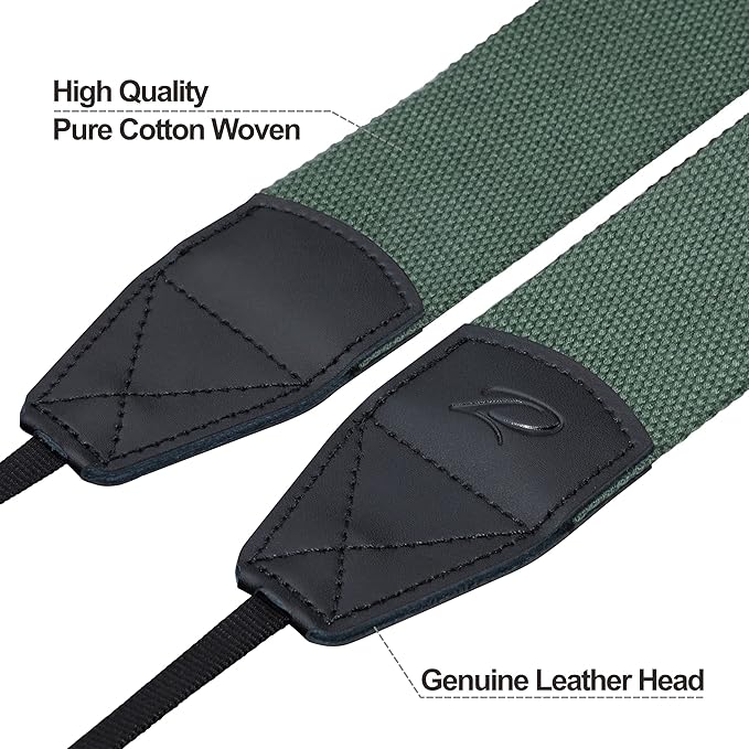 Padwa Lifestyle Dark Green Camera Strap - 2" Wide Cotton Woven Genuine Leather Head Camera Straps,Complimentary 2 Pcs Quick Release Clips for All DSLR/SLR Cameras, Binoculars and Drone Remote Control