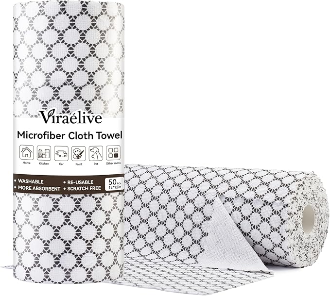 Microfiber Cleaning Cloth Roll, 50-Count Reusable, Durable, No Streaks, Absorbent, Lint-Free Non-Scratch Easy Tear-Away Towels, Dish Rags for Kitchen, Home, Car & Glasses, White Waffle, 12x12 in