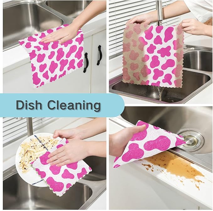 CaTaKu Pink Cow Print Kitchen Dish Cloths, 6 Pack Reusable Dish Rags for Washing Dishes, Microfiber Cleaning Cloths Dish Towels Washcloths for Kitchen Drying
