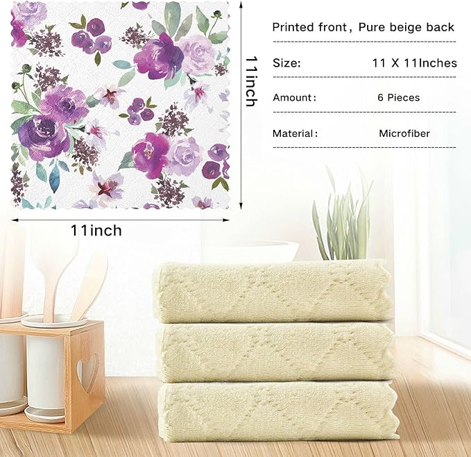 CaTaKu Purple Flower Microfiber Reusable Cleaning Cloths Kitchen Dish Cloths Dish Rags for Washing Dishes, Watercolor Rose Dish Towels Washcloths for Kitchen Drying, 6 Pack