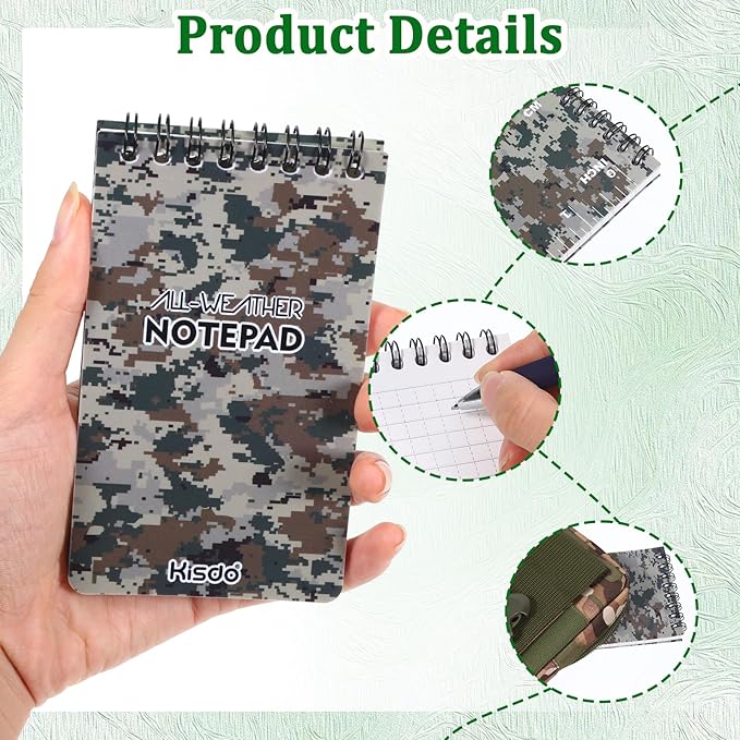 6 Pcs Waterproof Notebook Set, Write in The Rain Notebook, All Weather Notebook, Police Notepad, Field Notes Notebooks, 3 × 5" Pocket Notebook with Pen and Cover for Outdoor Activities Recording (Camouflage green)