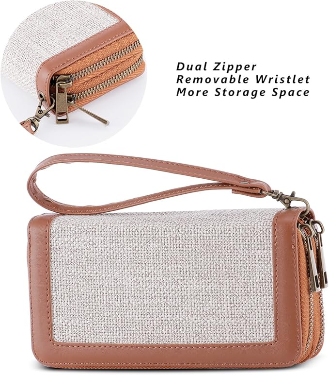 Cellphone Wallet for Women Dual Zipper Long Purse with Removable Wristlet