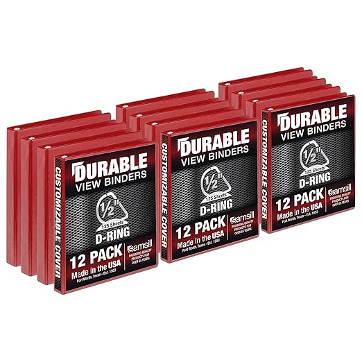 Samsill Durable 0.5 inch 3 Ring Binder, Made in USA, D Ring Binder,FSC 100% Recycled Chipboard, Red, 12 Pack