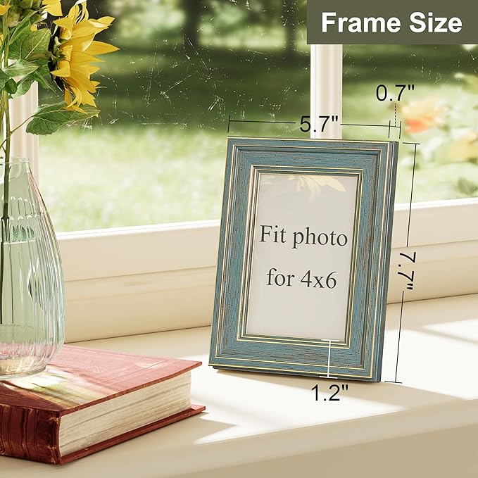 Vittanly 4x6 Picture Frame Set of 4, Vintage Photo Frame for Wall or Tabletop, Display 4x6 Pictures, Rustic Farmhouse Home Decor, Blue