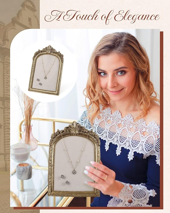 Gold Vintage Jewelry Display Set Velvet Jewelry Frame Ring Holder Earring Bracelet Stands Necklace Organizer Mirror Tray Photo Props for Women Gifts Selling Wedding Decor(5 Pcs,Ornate)