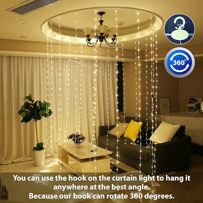 HXWEIYE 300LED Fairy Curtain Lights, 9.8x9.8Ft USB Plug-in 8 Modes Christmas String Hanging Lights with Remote for Bedroom Backdrop Wedding Indoor Wall Decor, Warm White, Tangle-Free – 1 Pack