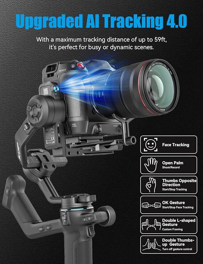 FeiyuTech SCORP-C2 Camera Gimbal Stabilizer with AI Tracking, 7.72lb Payload, Quick Vertical Shoot, Bluetooth Control, Detachable Remote Handle Compatible with Sony Canon Panasonic Nikon