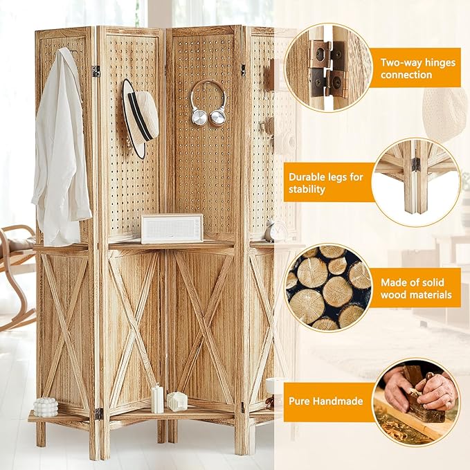 4 Panel Pegboard Display with 16 Hooks, Wooden Pegboard Room Divider Wall with Shelf, Partition Room Dividers and Folding Privacy Screens, Bedroom, Jewelry Store, Natural