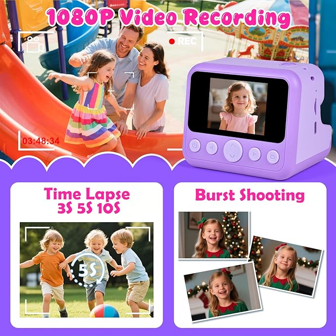 Kids Instant Print Camera, 30MP 1080P HD Digital Camera for Boys Girls with Color Pens & 32GB Card, Christmas Birthday Gifts Kids Toys for 3-12 Years Old (Purple)