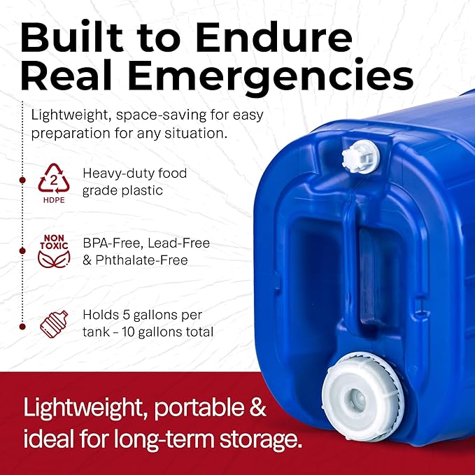 Emergency Water Storage Containers 10 Gallon, Long Term 5 Gallon Water Tank - 2 Stackable Food Grade Tanks Included, for Camping, Prepping, Survival - 10 Gallon Total Capacity