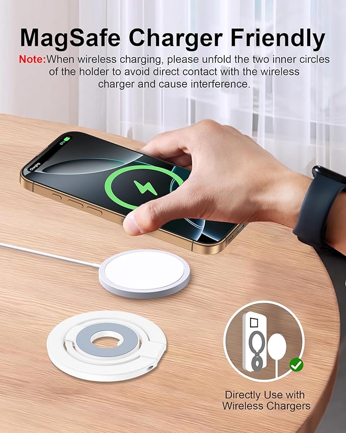 MagSafe Phone Ring Holder, Dual-Side Magnetic Grip Stand with Metal Ring, Foldable Kickstand for iPhone 17 16 15 14 13 12, Wireless Charging Compatible, Works with Magnetic Car Mounts & Desks-White