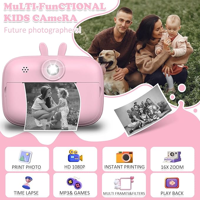Instant Print Camera for Kids, Toddler Cameras Christmas Birthday Gifts for Boys Age 3-12, 1080P HD Digital Video Cameras for Toddler,Kids Portable Toy with 3 Rolls Photo Paper 32GB SD Card (Pink)