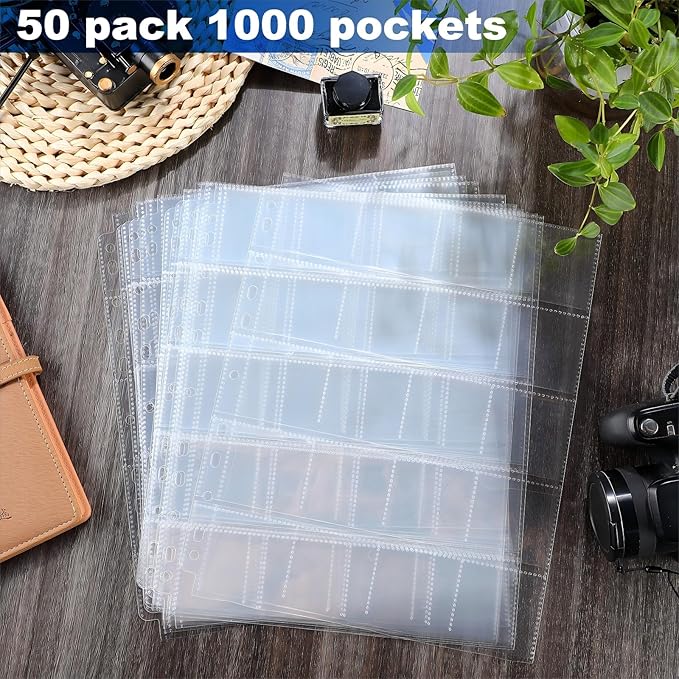 Fuyoooo 100 Pack Protective Photo Slide Pages Holds 20 35mm Slides Top Loading Photo Page Sleeves for 3 Ring Binder Holds 2000 2 x 2 Inch Photos Archival Slide Storage Album Refill Preservers