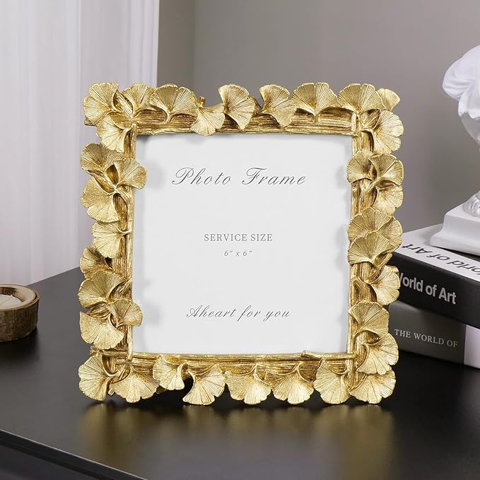 Cuspin 6x6 Picture Frame Vintage Gold Frames, Gold Ornate Leaf Textured Hand-Crafted Resin with Glass Front Antique Photo Frame for Tabletop Display, Retro Design Home Decor