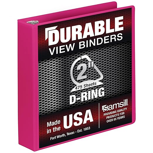 Samsill Durable 2 Inch Binder, Made in The USA, D Ring Binder, Customizable Clear View Cover, Magenta, Holds 475 Pages