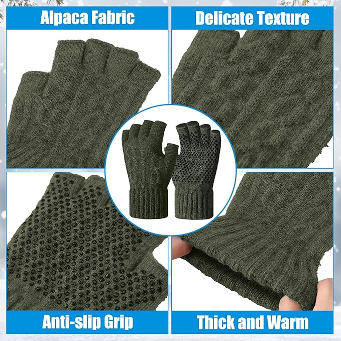 Geyoga 2 Pairs Wool Fingerless Fishing Gloves for Men Women Anti-Slip with Grip Dots Warm Winter Fly Ice Fishing Gloves