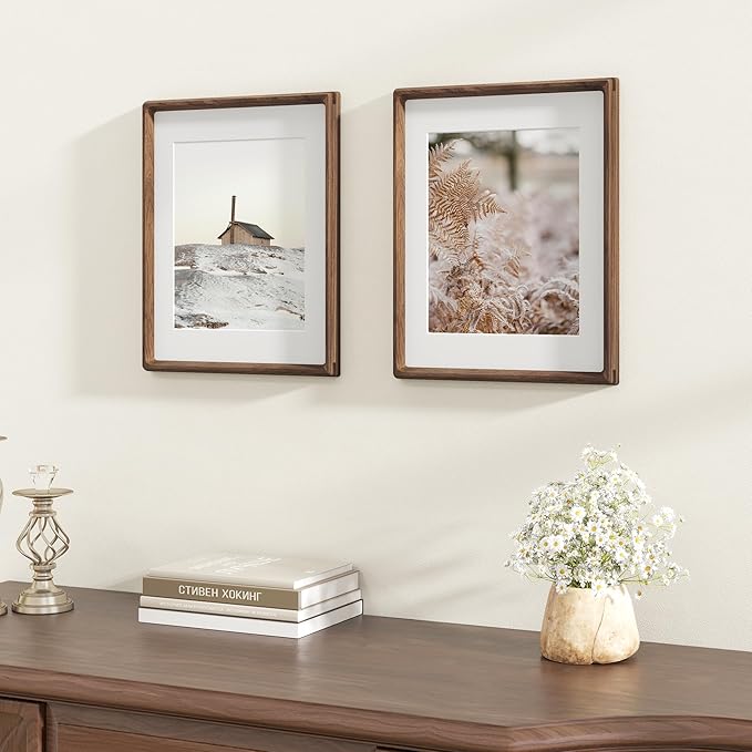 11x14 Wooden Picture Frames USA-Sourced Natural Walnut Solid Wood Photo Frame Handcrafted Rounded Corner with Mat to 8x10 Picture Frame Vintage Display with Real Glass Family Picture， 2 Pack