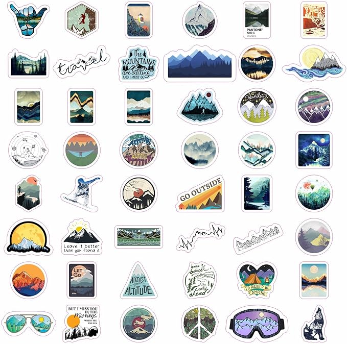 BulbaCraft 100 Pcs Mountain Stickers for Water Bottle, Outdoor Stickers, Camping Decals, Nature Decals, Party Supplies Camping Theme, Gifts for Women & Men