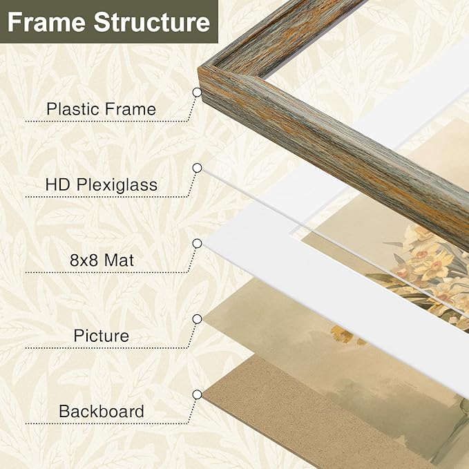 Vittanly 12x12 Picture Frame Set of 4, Vintage Photo Frame for Wall or Tabletop, Display 8x8 Pictures with Mat or 12x12 without Mat, Rustic Farmhouse Home Decor, Vintage Green