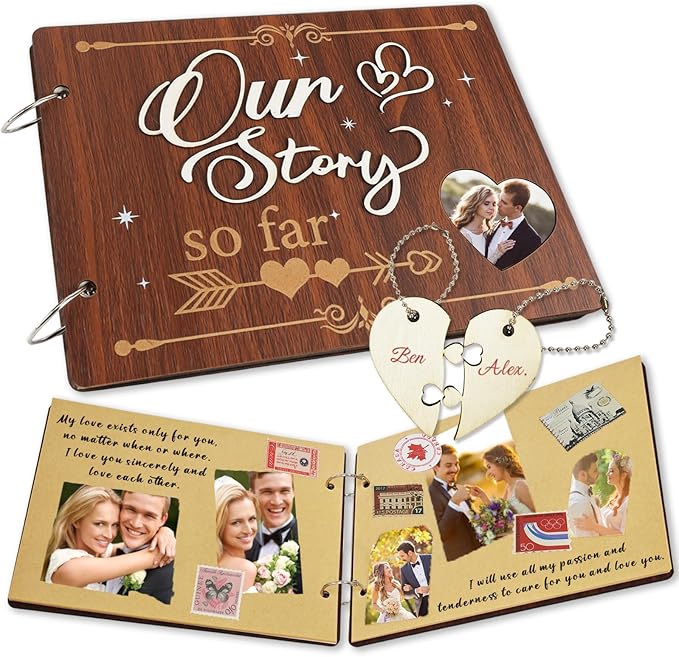 1 Year Our Story So Far Anniversary Scrapbook, Anniversary Wooden Couples Photo Album,Wooden Scrapbook Craft Kit,Memory Picture Journal with Vintage Stickers for DIY Wedding Valentine's Day Gifts