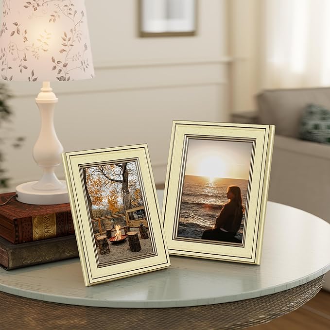 Vittanly 5x7 Picture Frame Set of 4, Vintage Photo Frame for Wall or Tabletop, Display 5x7 Pictures, Rustic Farmhouse Home Decor, Beige