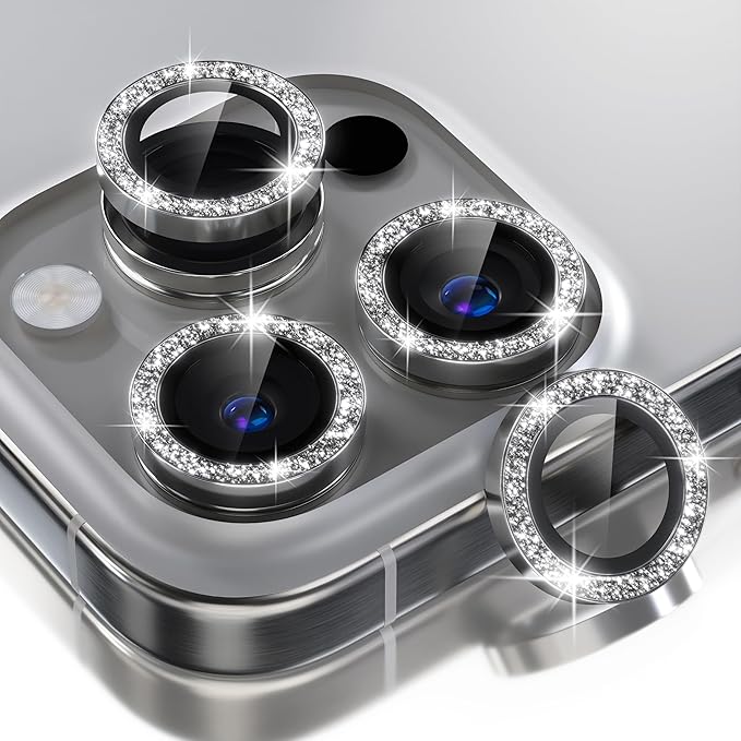 Choiche Compatible for iPhone 16 Pro/iPhone 16 Pro Max Camera Lens Protector Bling, 9H Tempered Glass Camera Cover Screen Protector Metal Ring Decoration Accessories(Glitter-Titanium Natural)
