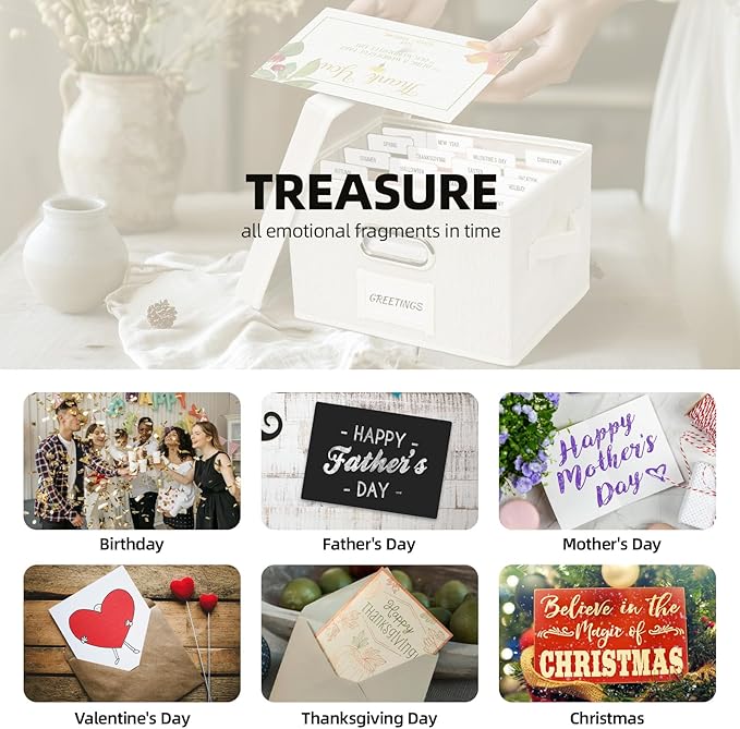 Hiwhy Greeting Card Storage Box, Linen Storage Box with 16 Adjustable Dividers, 84 Labels, 1 Marker Pen, Perfect for Organizing Greeting Cards, Envelopes, Photos 1 Pack Ivory