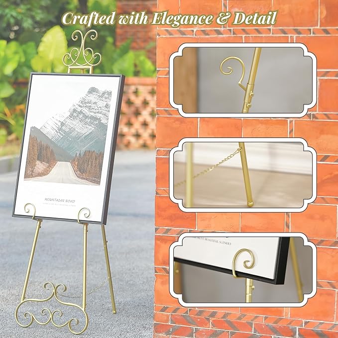 57”H Metal Easel Stand for Sign Gold, Upgrade Large Free Standing Adjustable Display Scroll Easel Stand, Heavy Duty for Mirror Pictures Wedding Holder Showcasing with Chain Support