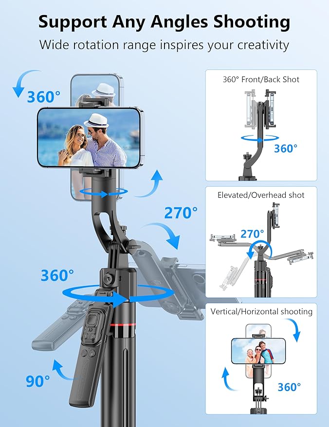 69'' Auto Face Tracking Selfie Stick Tripod Stand, Automatic Phone Tripod, Auto-Open Travel Tripods for iPhone/Cell Phone with Remote, Gesture Control, No App, Built-in AI Camera for Vlog Recording TK