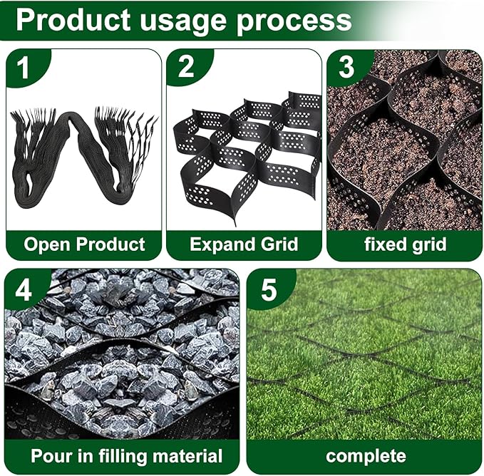2 Inch Depth Gravel Ground Base Grid Stabilizer Mud Slope Control Driveway HDPE Material Expandable Folding Permeable Paver Honeycomb Grid for Paths,Sidewalks,ParkingLots,Gardens,Yards (6.5 X 16.5 FT)