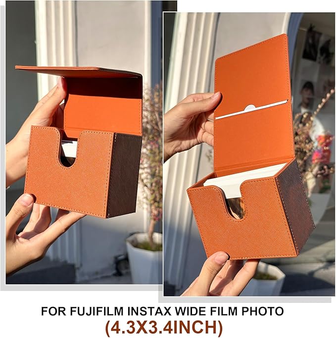 CAIYOULE Picture Holder Case for Fujifilm Instax Wide/EVO/Wide 400/300/210/Polaroid I-Type/Now/OneStep/GO Instant Camera Films, Photo Storage Box with Photo Pouch Can Hold 50+ Films, Brown