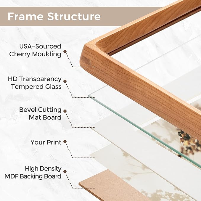 4x6 Picture Frame, USA-Sourced Natural Cherry Wood Photo Frame with Tempered Glass, Handcrafted Rounded Corner 4 x 6 Wooden Frame Matted to 3.5x5 Photos, Wall or Tabletop Display